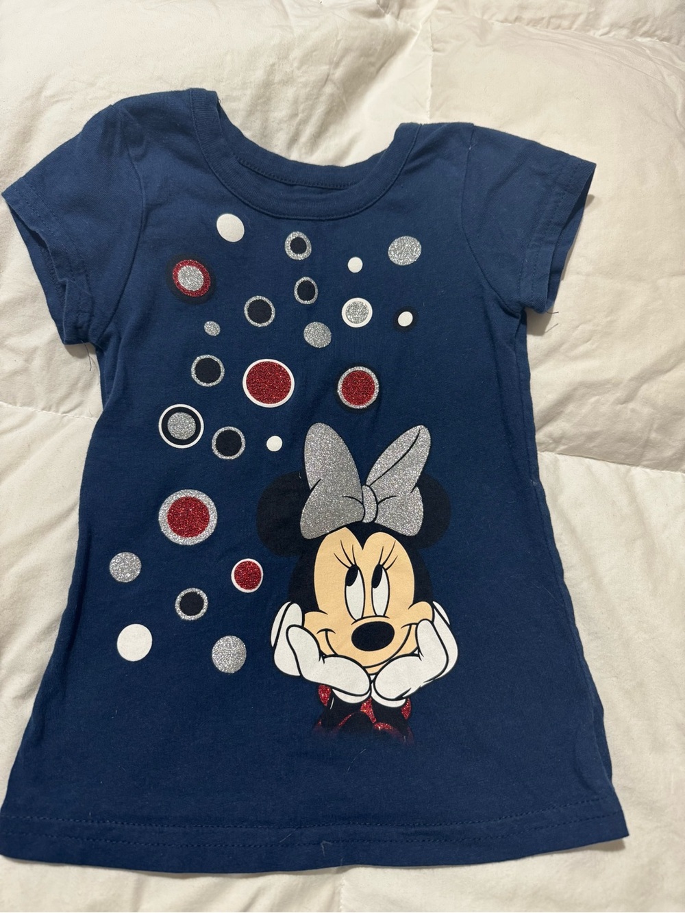 Disney Navy Minnie Mouse Glitter Bow Tee with Red & Silver Accents